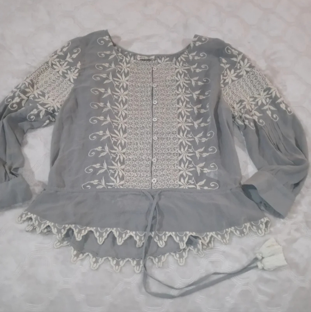 LoveShackFancy Embroidered Silk Georgette Long Sleeve Prairie Top Green large